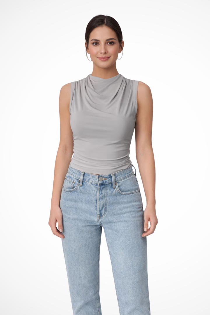 Women's Sleeveless Peplum Top with Draped Neckline in Lightweight Fabric for Everyday Wear 3