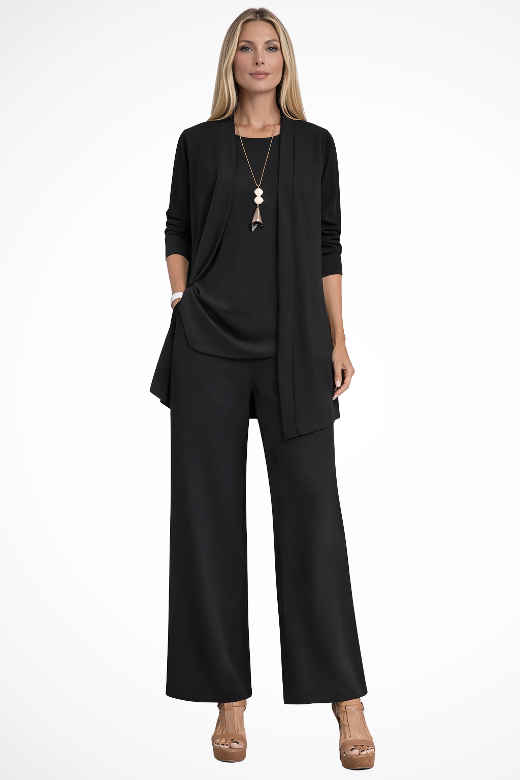 Women's Smooth Fabric 3 Piece Set | Elegant Cardigan, Sleeveless Top, Wide-Leg Trousers 2