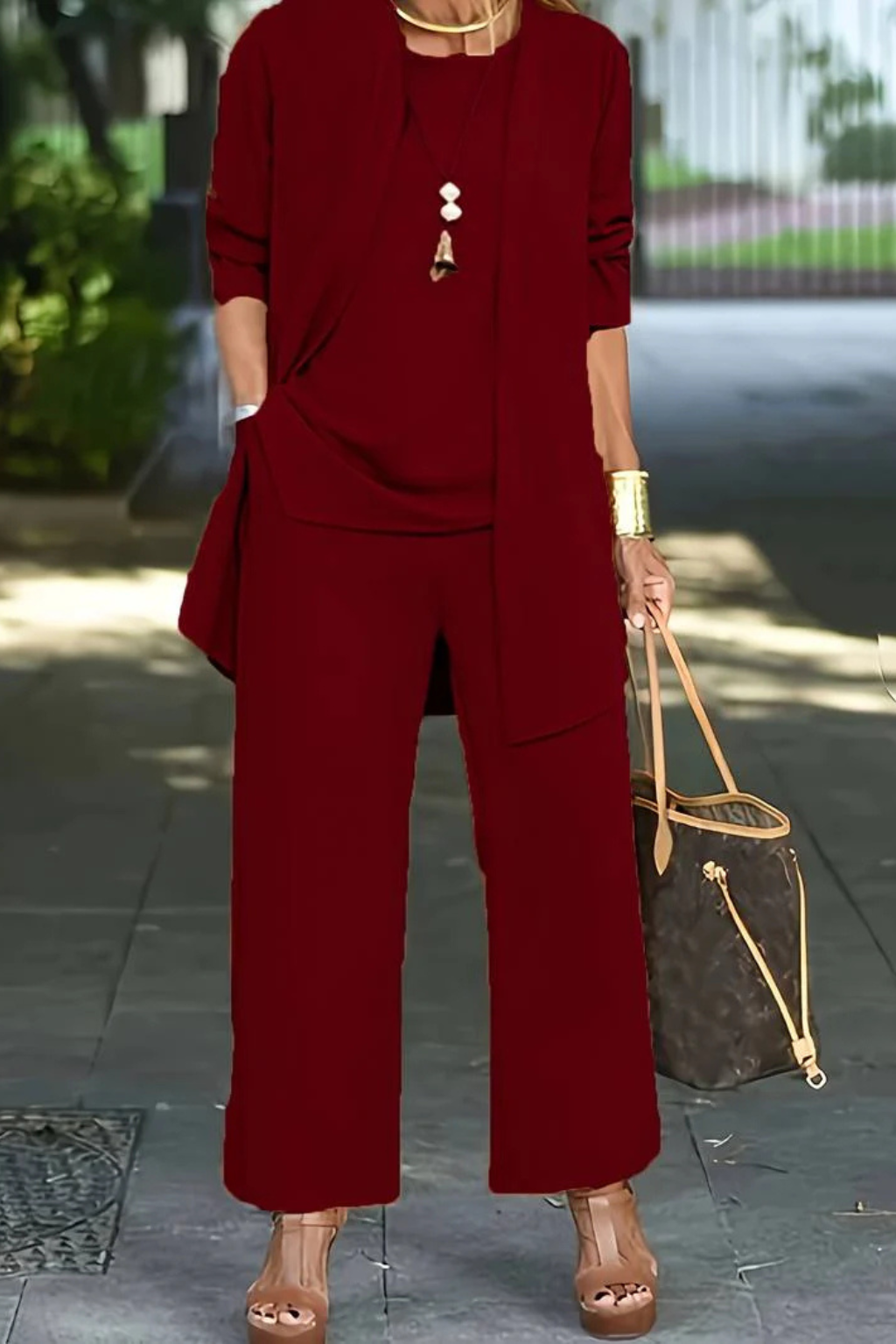 Women's Smooth Fabric 3 Piece Set | Elegant Cardigan, Sleeveless Top, Wide-Leg Trousers 5