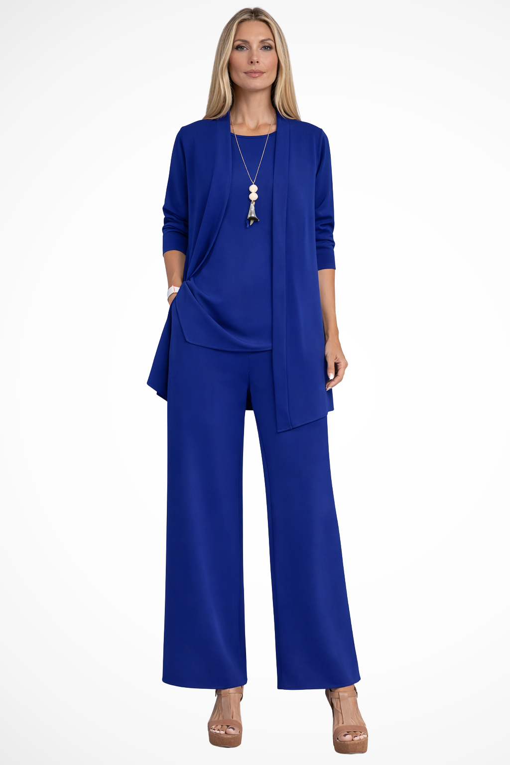 Women's Smooth Fabric 3 Piece Set | Elegant Cardigan, Sleeveless Top, Wide-Leg Trousers 6