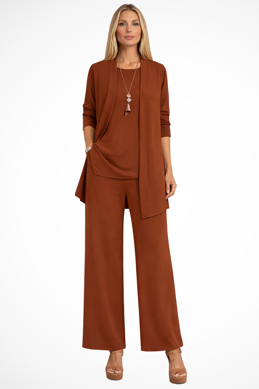 Women's Smooth Fabric 3 Piece Set | Elegant Cardigan, Sleeveless Top, Wide-Leg Trousers 8