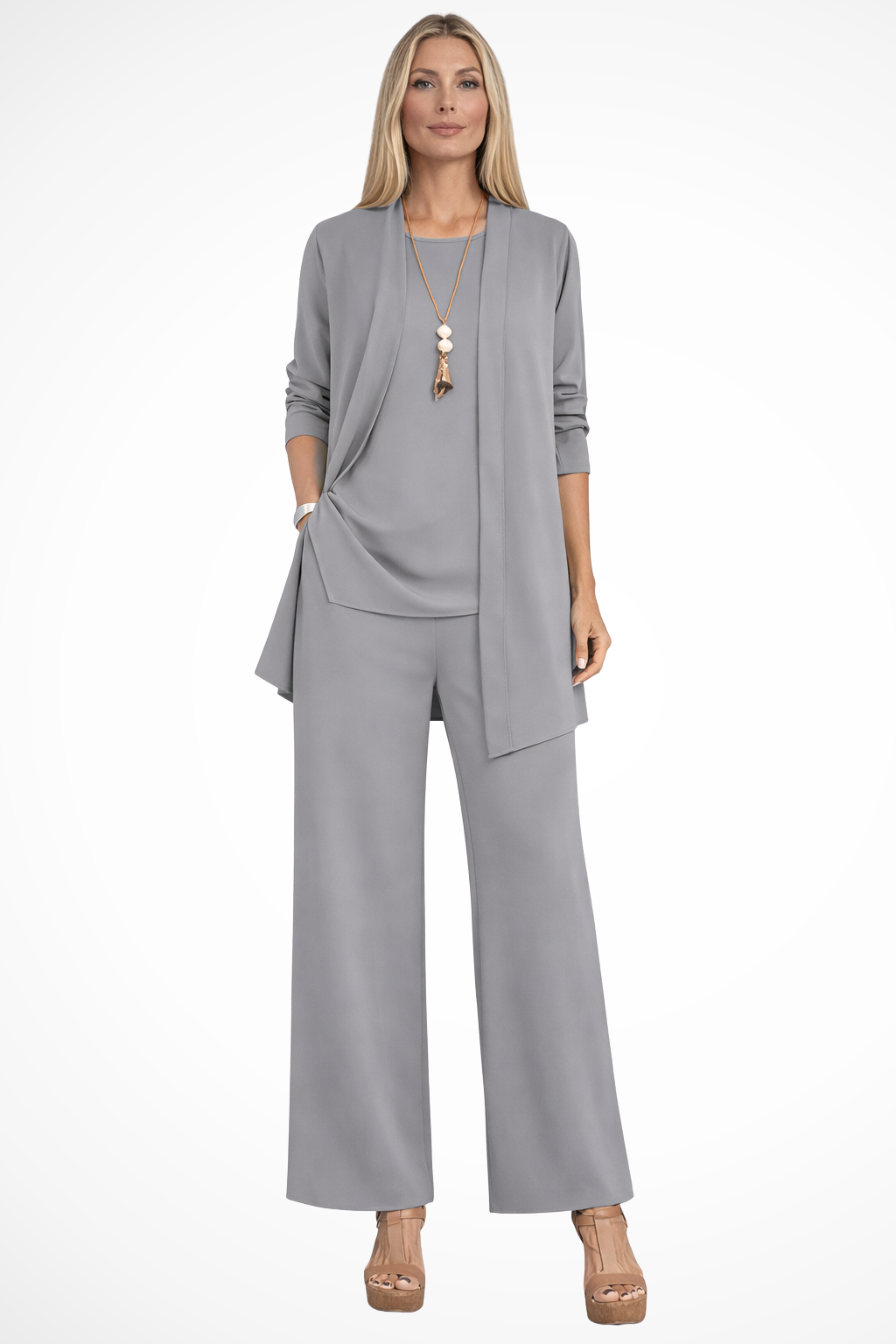 Women's Smooth Fabric 3 Piece Set | Elegant Cardigan, Sleeveless Top, Wide-Leg Trousers 9