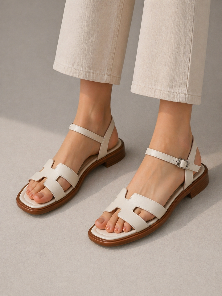 Women's Strappy Leather Sandals with Low Block Heel for Summer Outfits