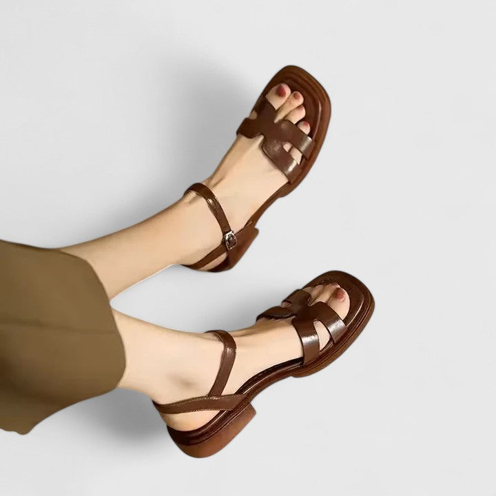 Women's Strappy Leather Sandals with Low Block Heel for Summer Outfits