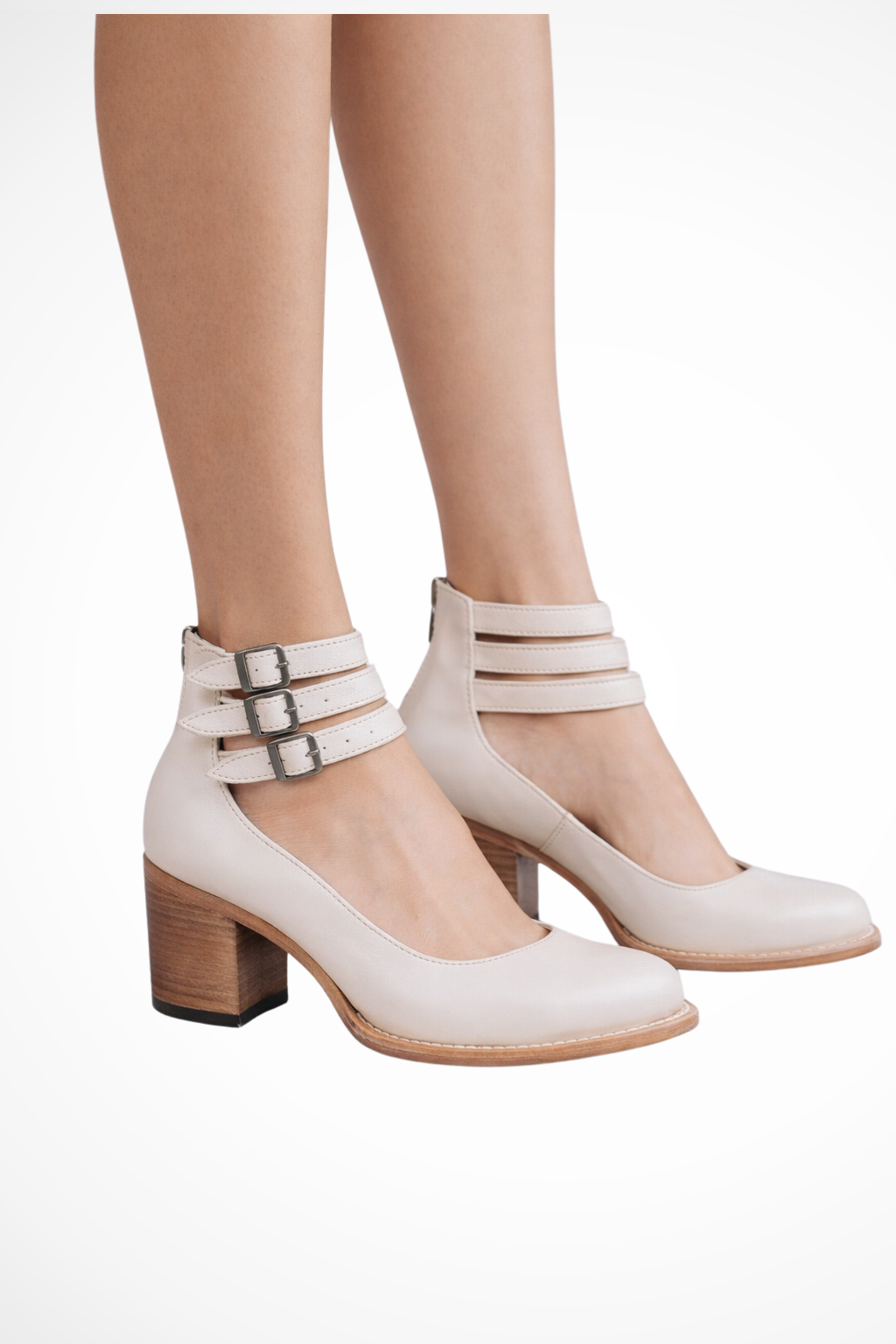 Women's Structured Leather Heels | Elegant Ankle Strap Closed Toe Block Shoes