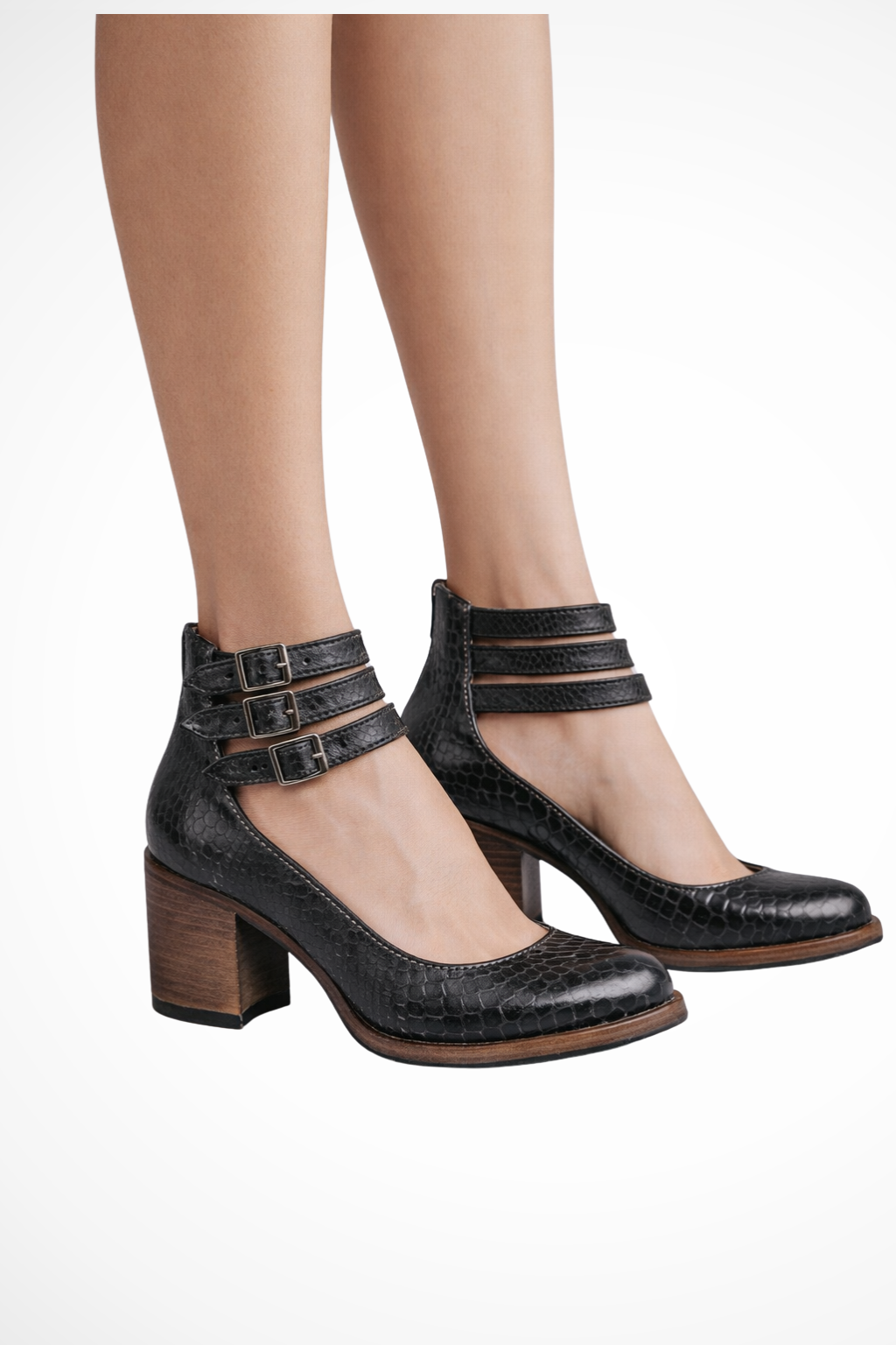 Women's Structured Leather Heels | Elegant Ankle Strap Closed Toe Block Shoes