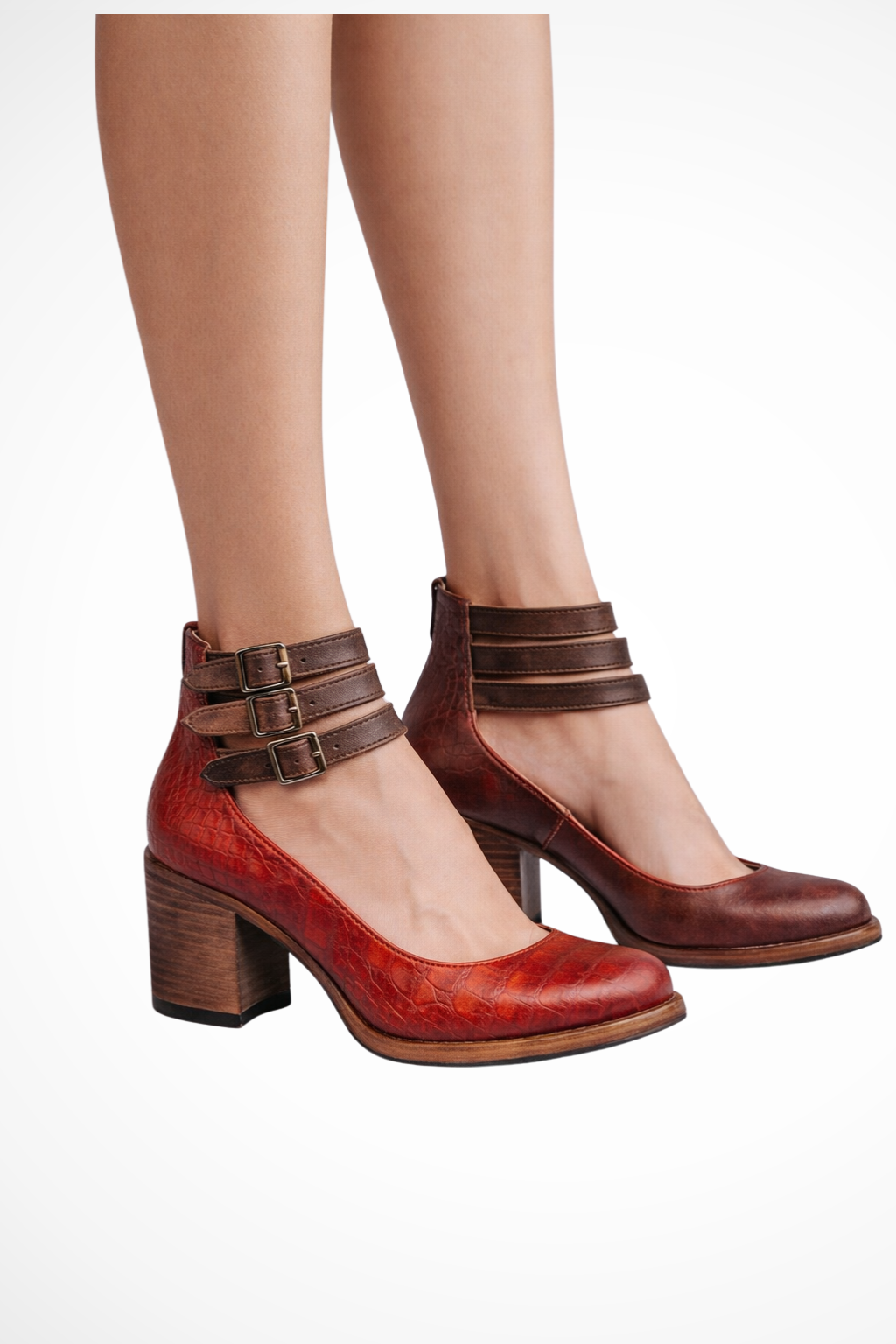 Women's Structured Leather Heels | Elegant Ankle Strap Closed Toe Block Shoes