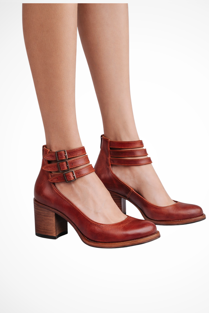 Women's Structured Leather Heels | Elegant Ankle Strap Closed Toe Block Shoes