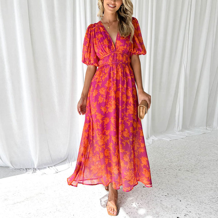 Women's Summer Dress in Printed Cotton Linen with Round Neck for Casual Outings