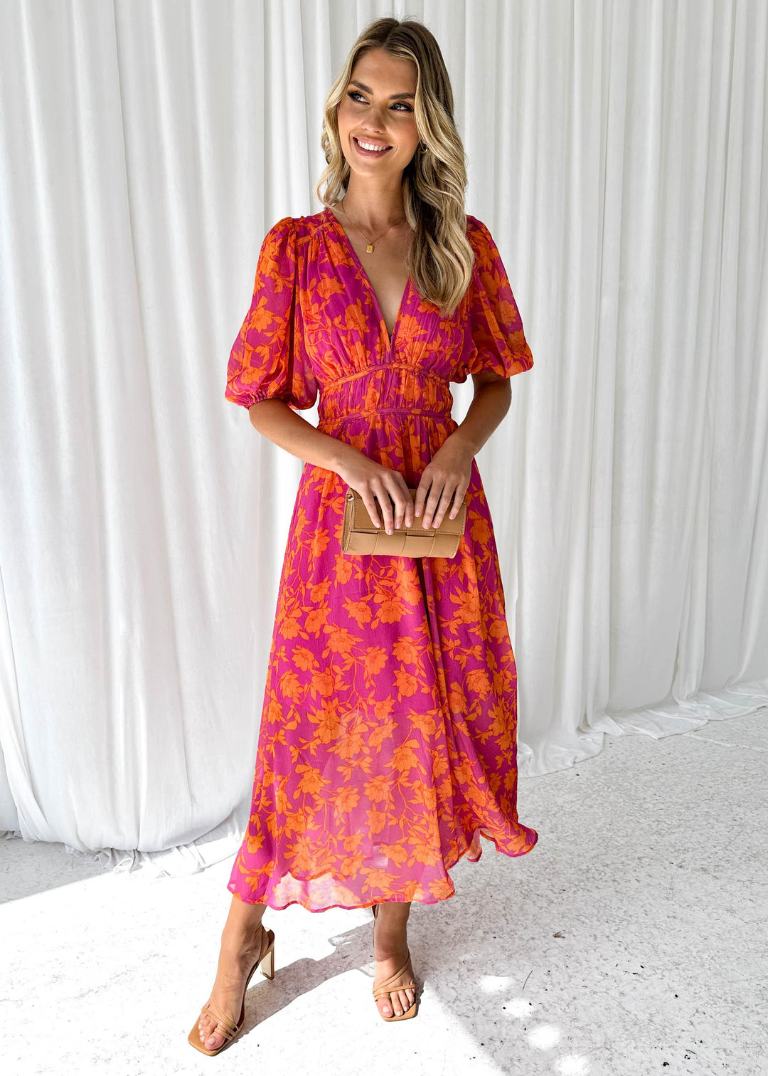 Women's Summer Dress in Printed Cotton Linen with Round Neck for Casual Outings