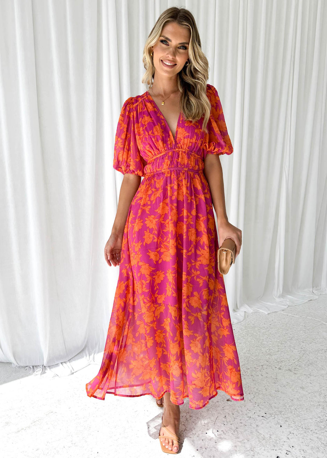 Women's Summer Dress in Printed Cotton Linen with Round Neck for Casual Outings