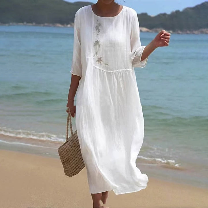 Women's Summer Maxi Dress in Lightweight Cotton Blend for Casual Outings & Brunch in White