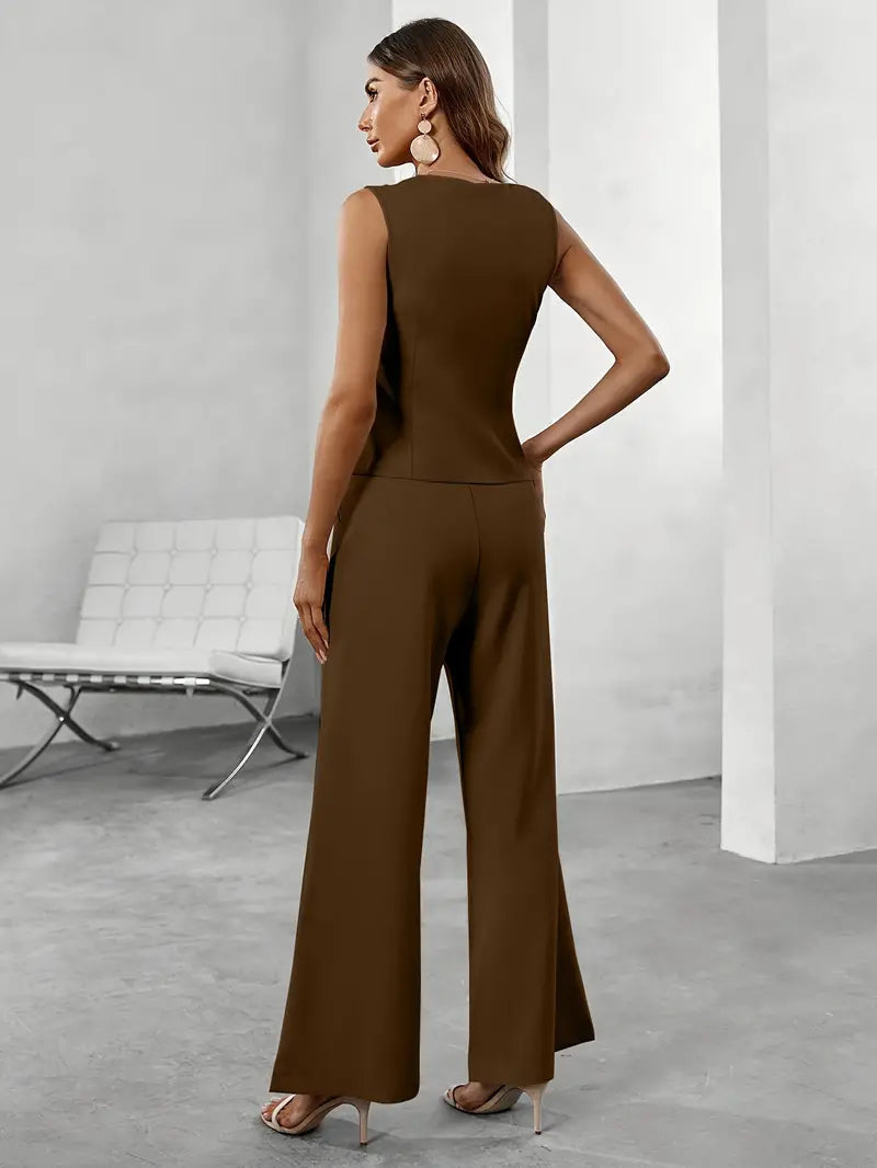 Women's Tailored Fabric Two-Piece Outfit | Elegant Sleeveless Vest and Wide Leg Trousers Set