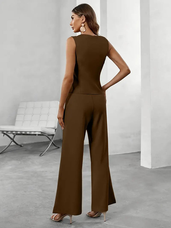 Women's Tailored Fabric Two-Piece Outfit | Elegant Sleeveless Vest and Wide Leg Trousers Set