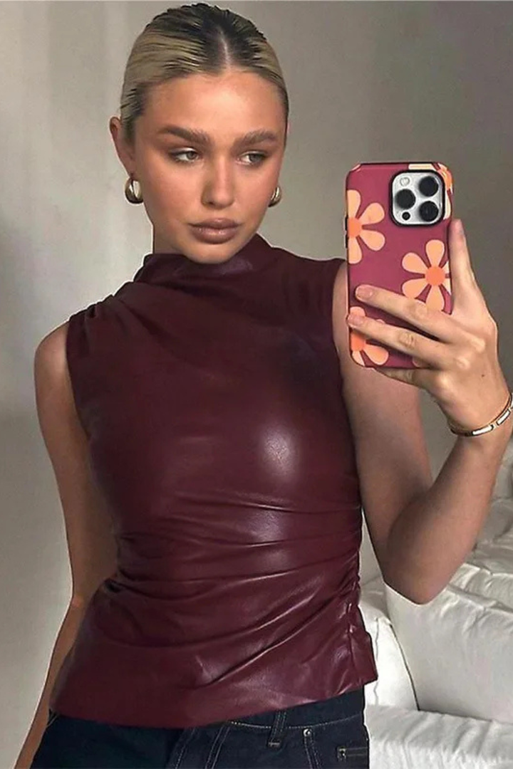 Women's Tank Top with High Neck Design in Deep Brown for Casual Summer Outfits 4