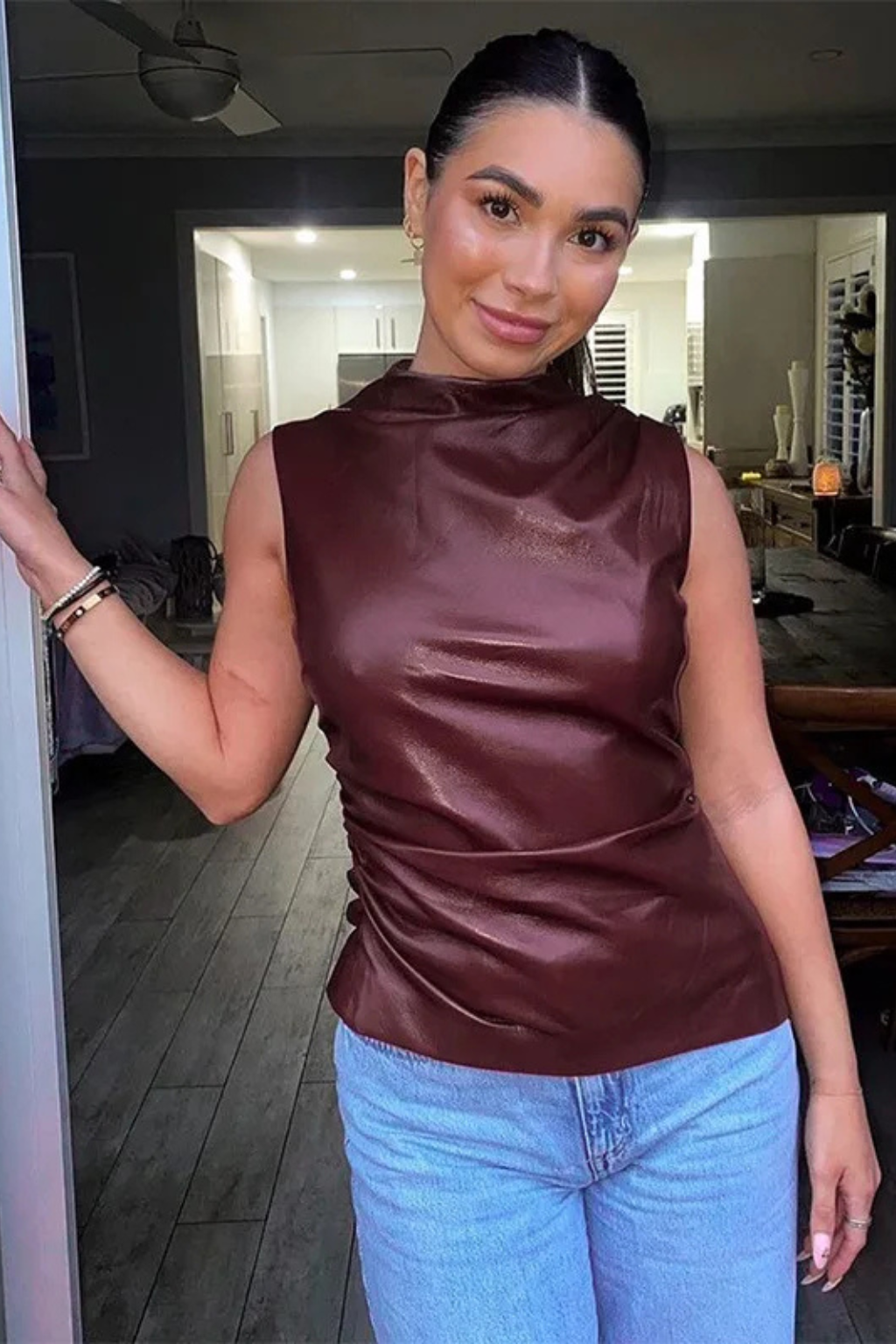 Women's Tank Top with High Neck Design in Deep Brown for Casual Summer Outfits 5