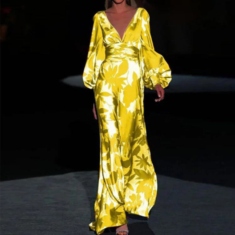 Women's V-Neck Maxi Dress with Flowing Silhouette for Summer and Formal Occasions