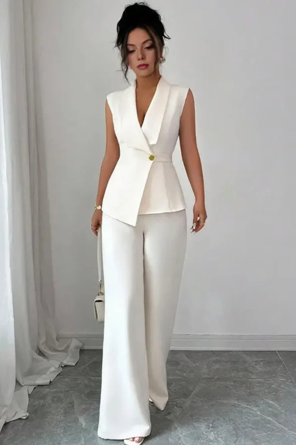 Women's White Suit with Tailored Sleeveless Blazer and Wide Leg Trousers for Professional Occasions 1