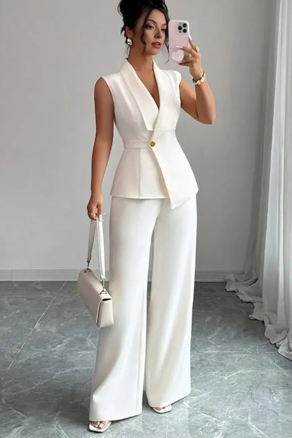 Women's White Suit with Tailored Sleeveless Blazer and Wide Leg Trousers for Professional Occasions 3