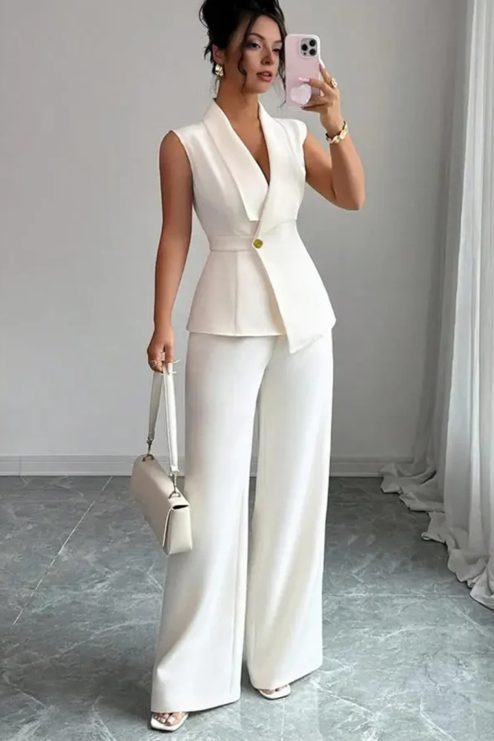 Women's White Suit with Tailored Sleeveless Blazer and Wide Leg Trousers for Professional Occasions 3