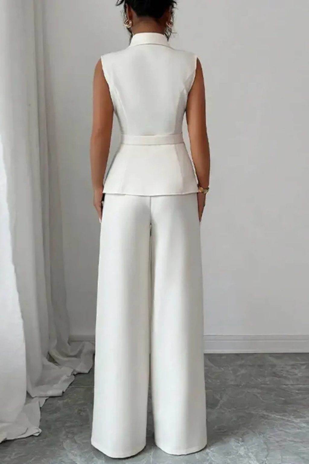 Women's White Suit with Tailored Sleeveless Blazer and Wide Leg Trousers for Professional Occasions 4