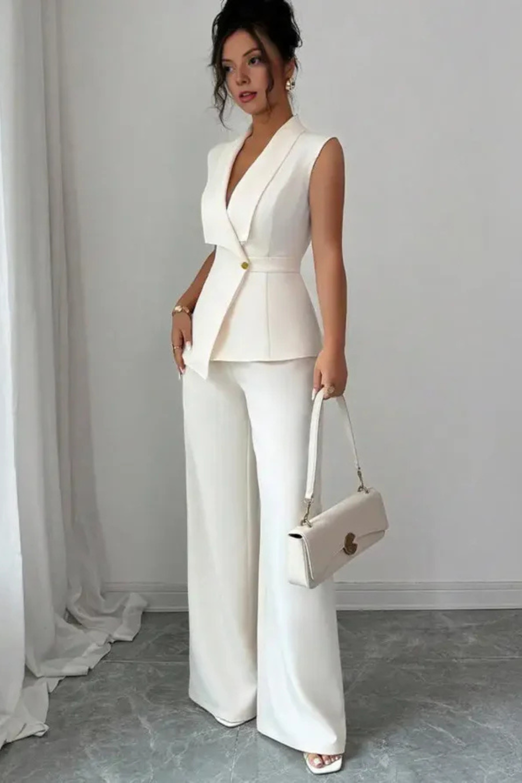Women's White Suit with Tailored Sleeveless Blazer and Wide Leg Trousers for Professional Occasions 5