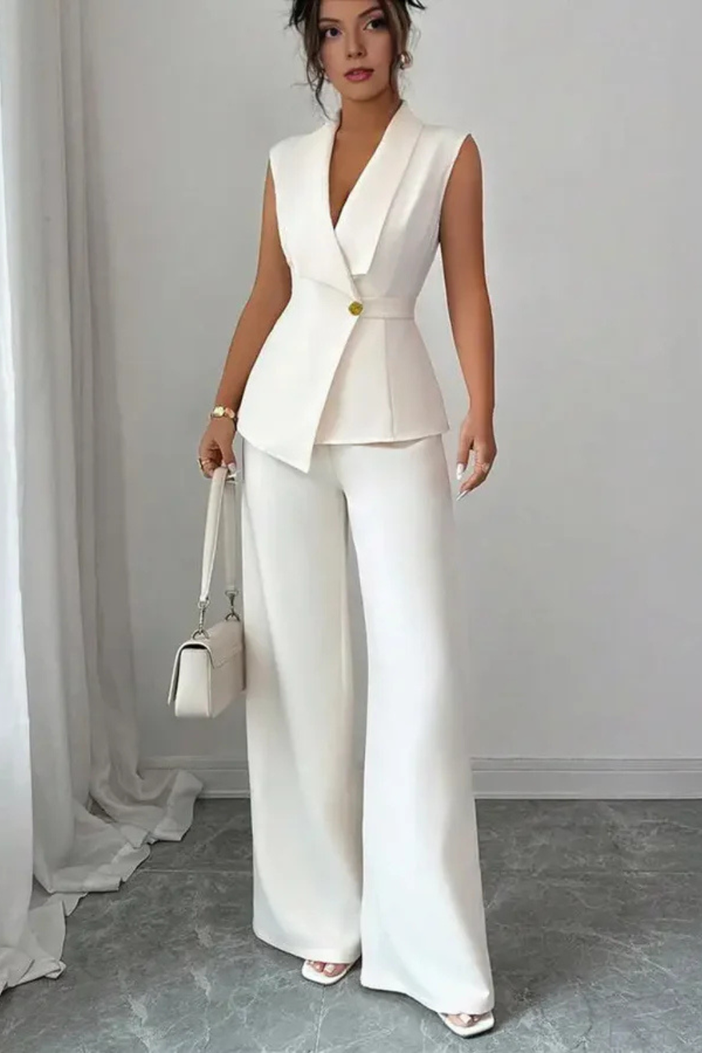 Women's White Suit with Tailored Sleeveless Blazer and Wide Leg Trousers for Professional Occasions 6