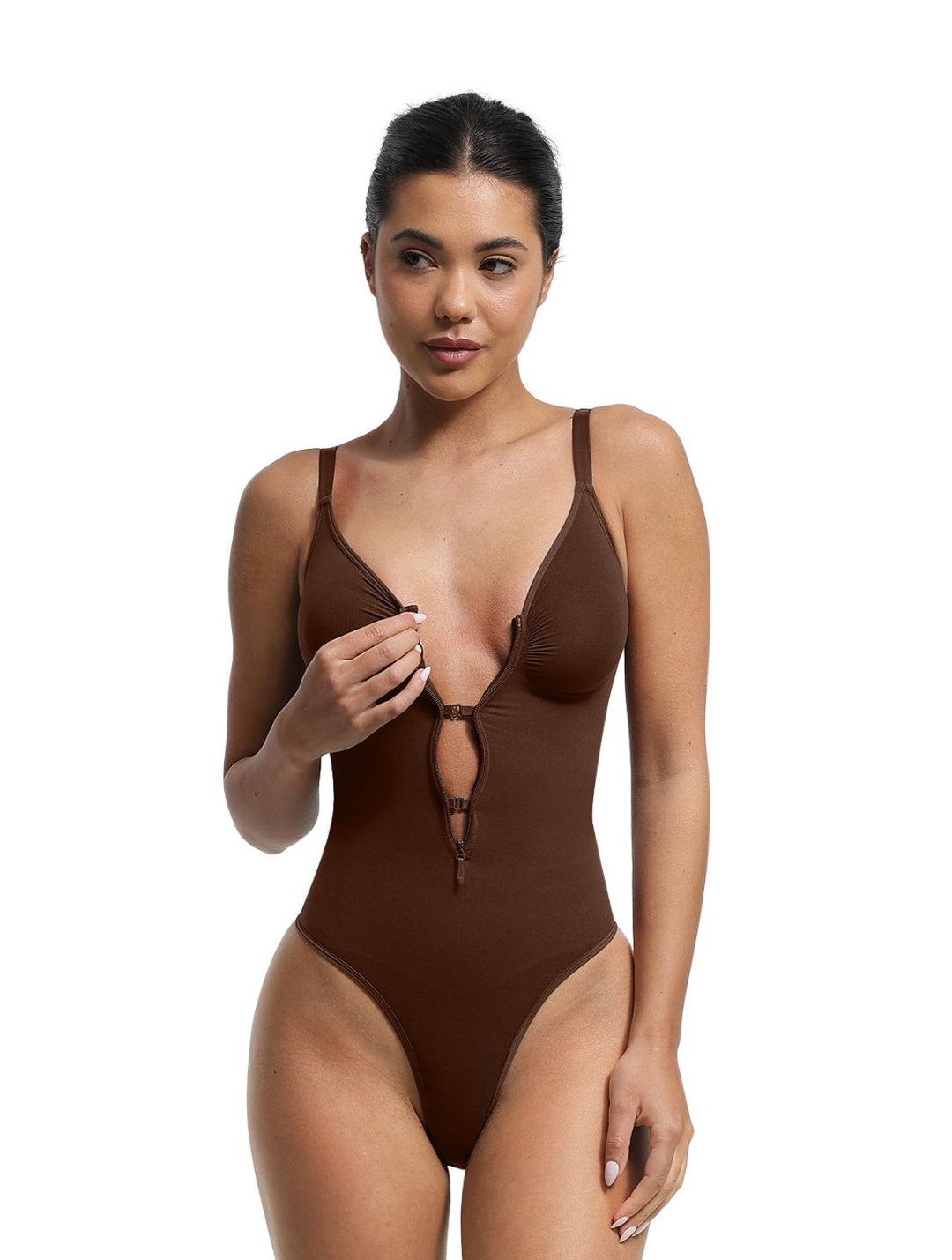 Women's Zip Bodysuit with Built-In Bra Support and Adjustable Straps