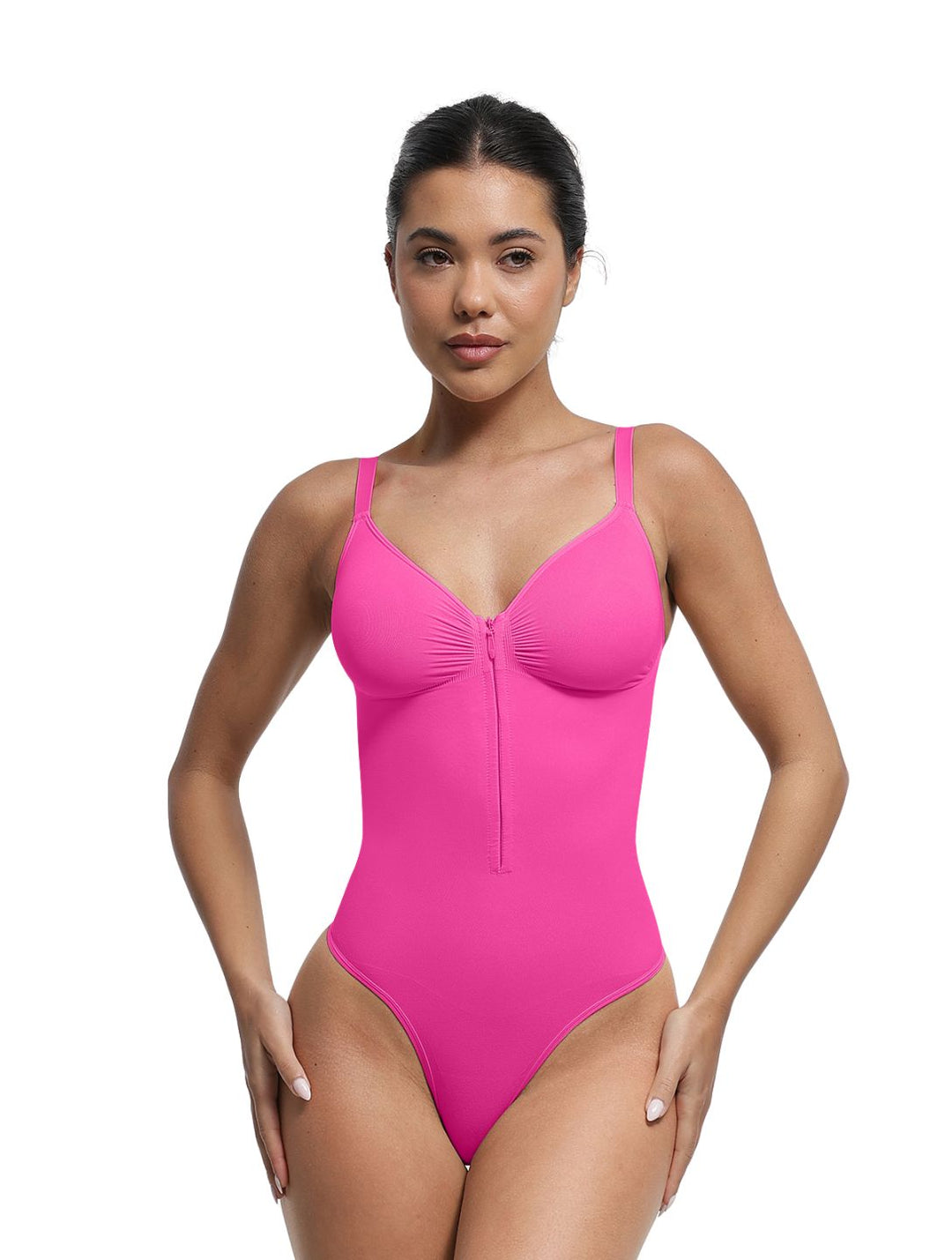 Women's Zip Bodysuit with Built-In Bra Support and Adjustable Straps