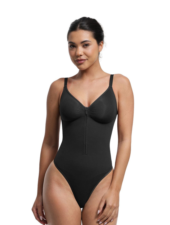 Women's Zip Bodysuit with Built-In Bra Support and Adjustable Straps
